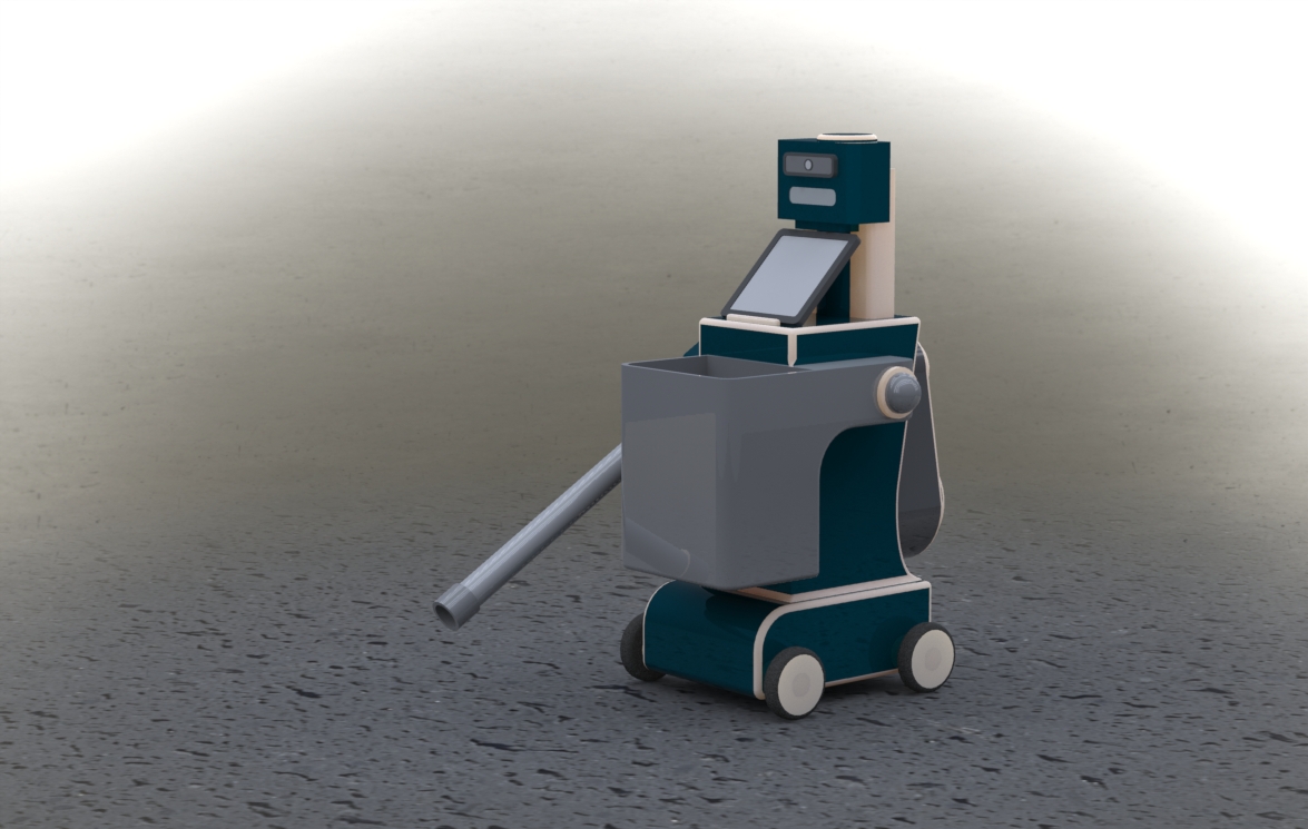 CAD render of Janitobot showing vacuum hose arm connected to a chest basket, with a tablet at the neck