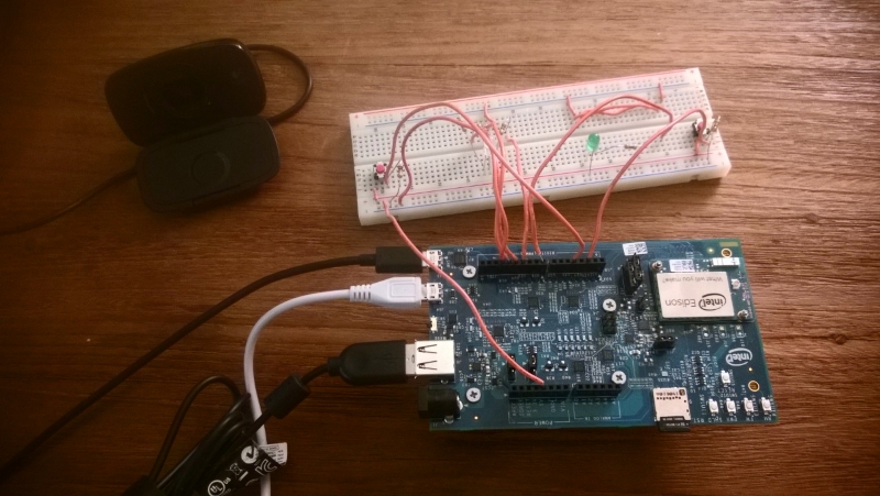 Intel Edison connected to a breadboard with buttons and LEDs wired up