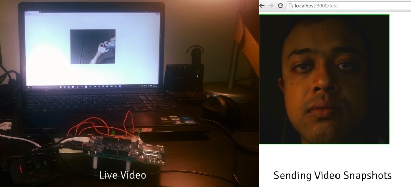 Laptop screen showing live webcam feed being transmitted to a Node.js web service
