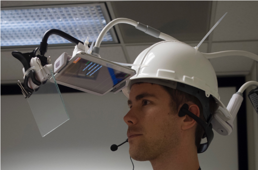 Final high-fidelity helmet with teleprompter glass projecting the AR interface into the user's field of view