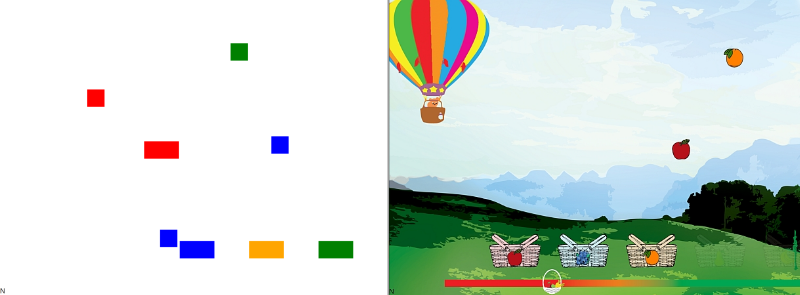 Left: early prototype with basic shapes. Right: final version with illustrated food items and sound effects.