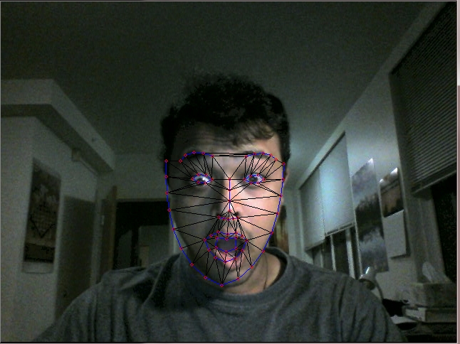 Face mesh overlay on a participant expressing surprise — points tracked across forehead, eyes, nose, and mouth