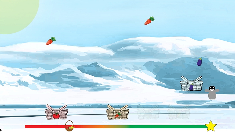 BasketGame — food items falling from the top, the player catching them with colored baskets