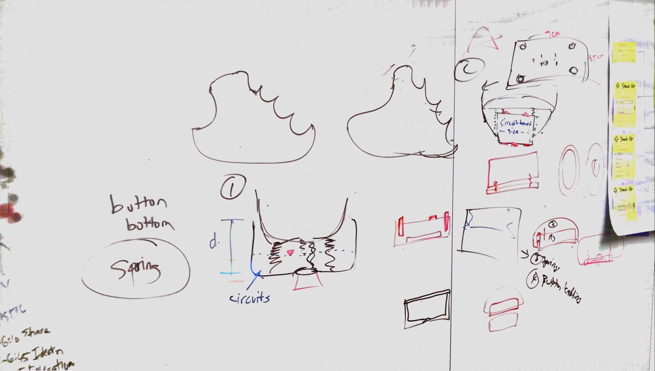 Whiteboard sketches showing different mouse form factor concepts and the stamp-click mechanism