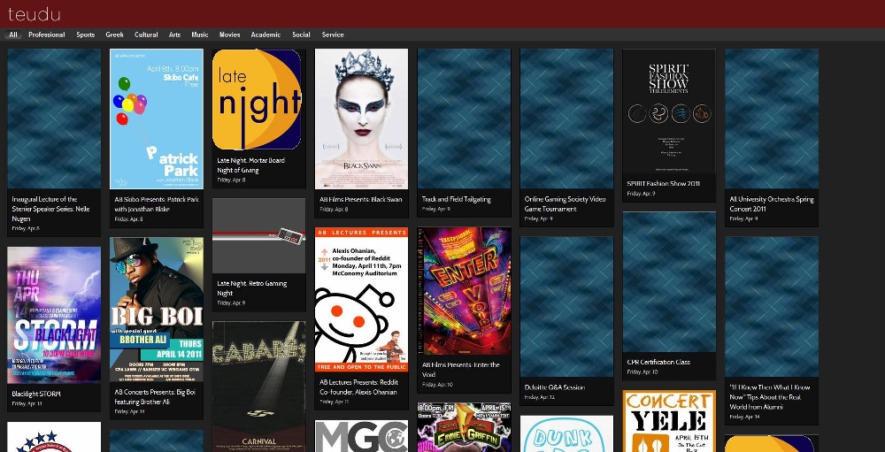 Early Ruby on Rails prototype of Teudu showing event listings on a display screen